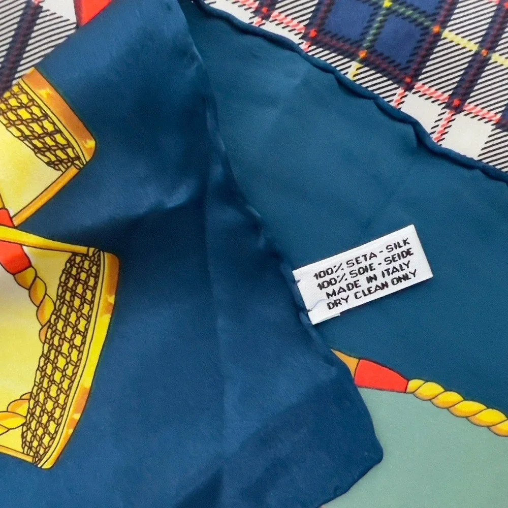 Vintage Italian Silk Square Scarf Navy Blue Plaid Equestrian Carriage Motif‎
